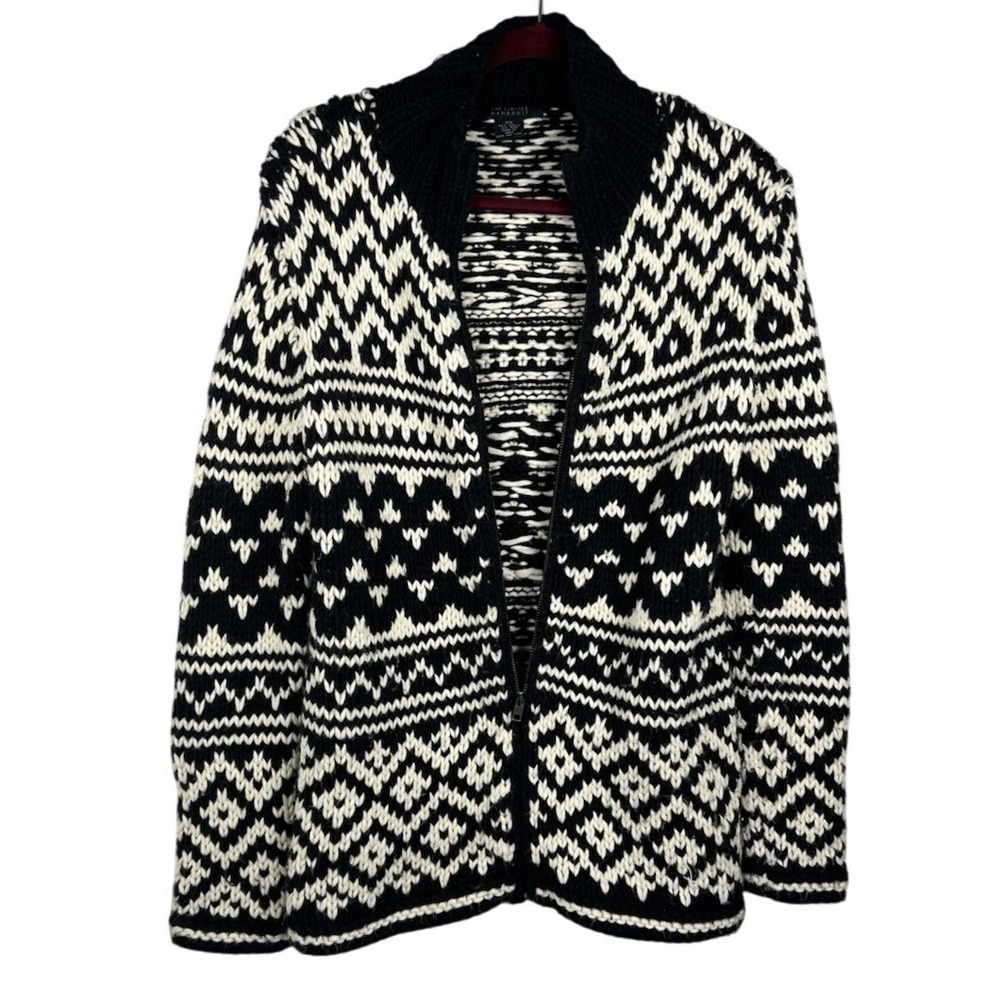 The Limited Handknit Full Zip Sweater Black White Fair Isle Wool Blend Womens XS